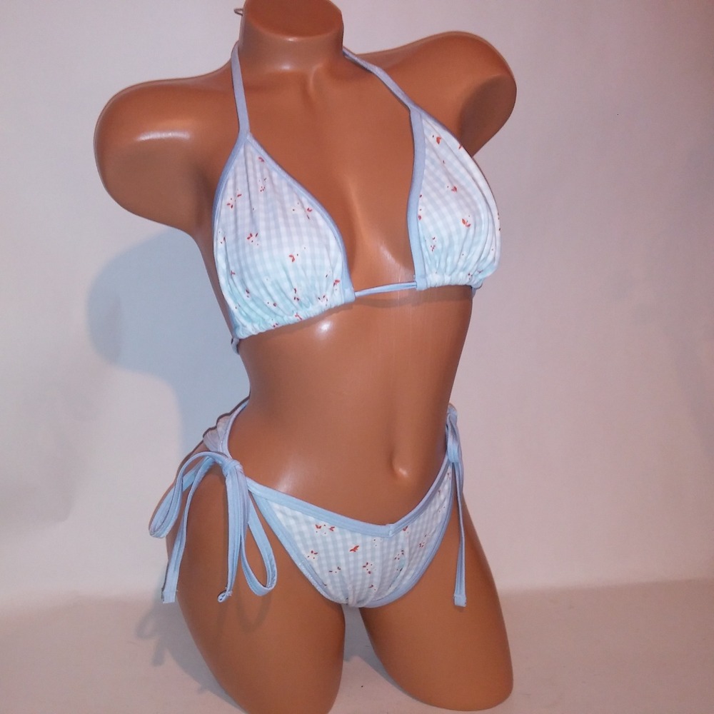 Victoria Secret PINK Swim Bikini Large Top XL Bottom Blue White Gingham Floral